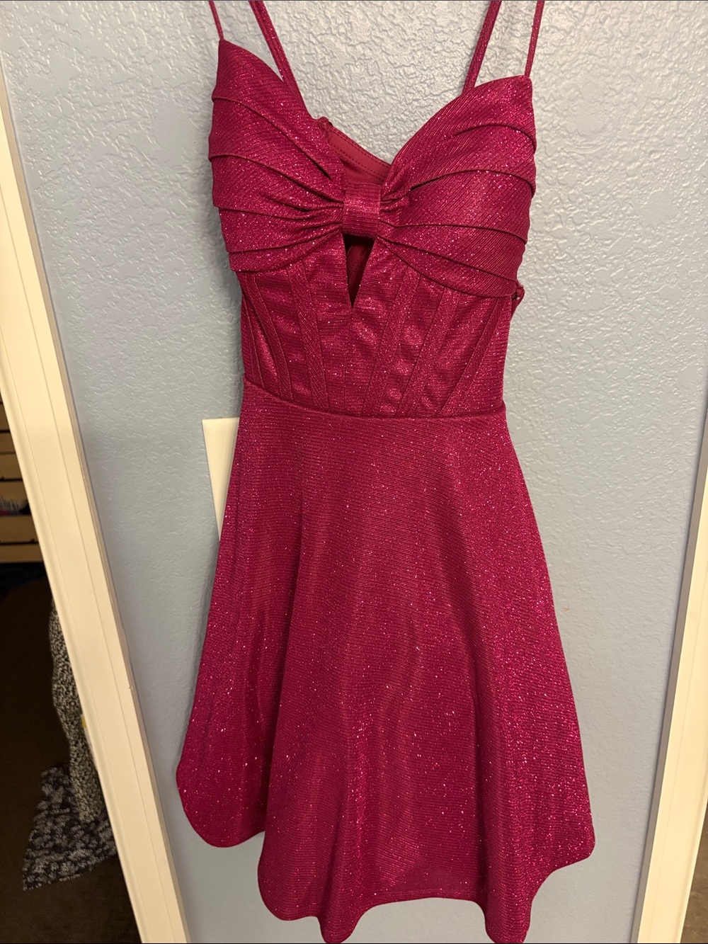 Homecoming dress, fitted top with flare skirt, magenta metallic pink